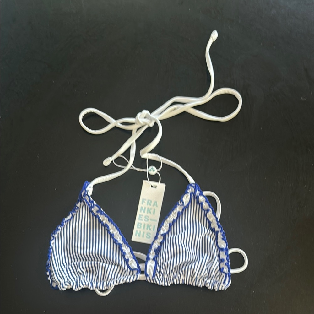 Frankie's Bikinis Blue and White Fringe Triangle Bikini